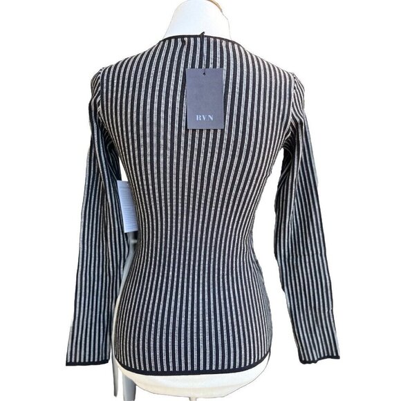 RVN Womens Black Striped Ribbed Long Sleeve Stretch Knit Striped Top  Dash - Picture 2 of 13